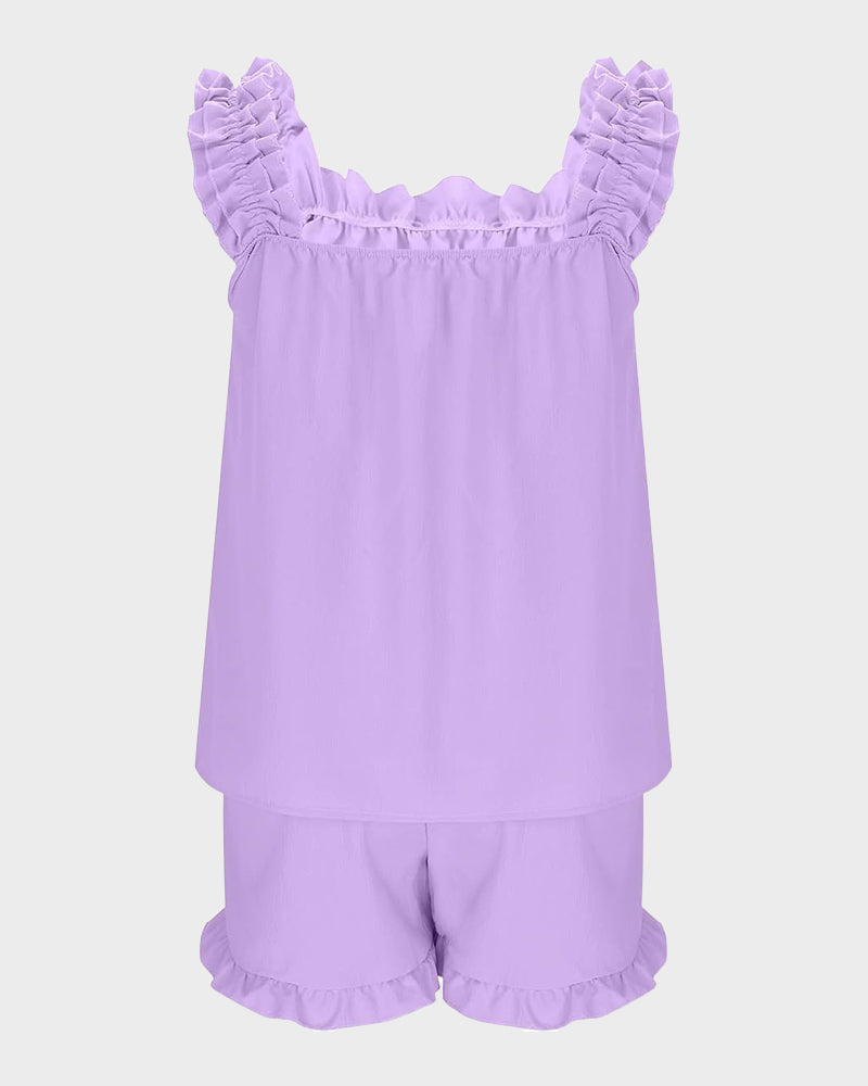 Missklara 2-Delige Zachte Pyjama Set met Ruffle Tanktop & Shorts
