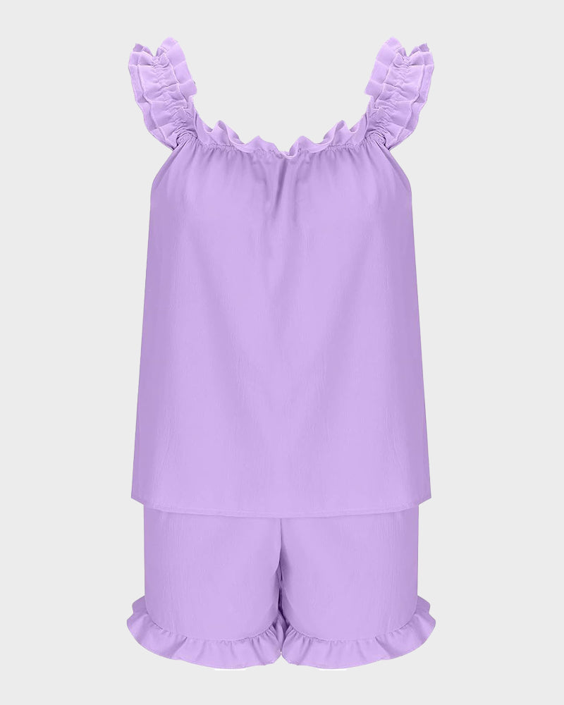 Missklara 2-Delige Zachte Pyjama Set met Ruffle Tanktop & Shorts