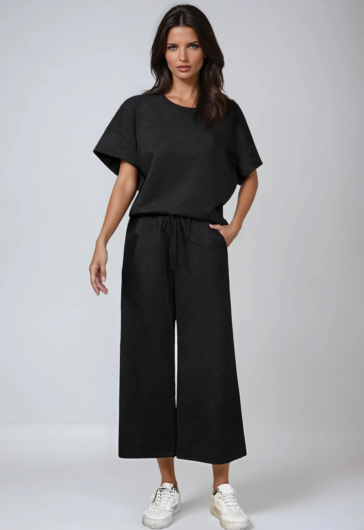 Textured Knit Two-Piece Lounge Set with Drawstring Waist