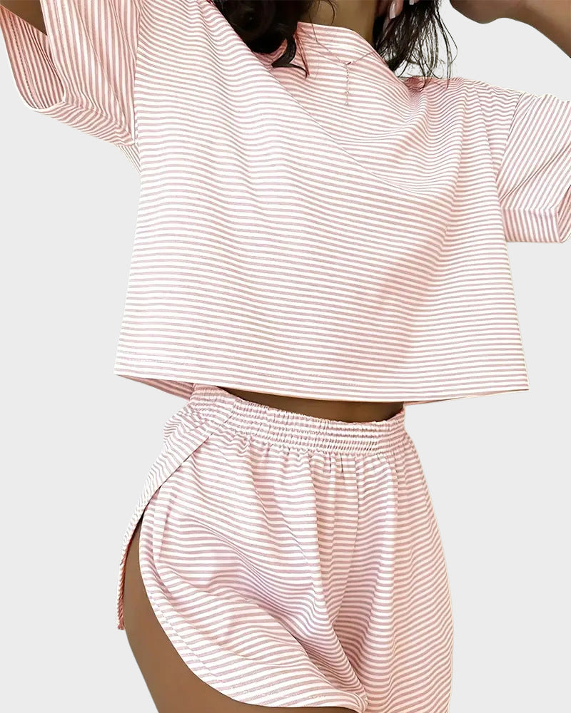 Missklara Gestreepte Tweedelige Pyjama Set met T-Shirt & Splitshorts