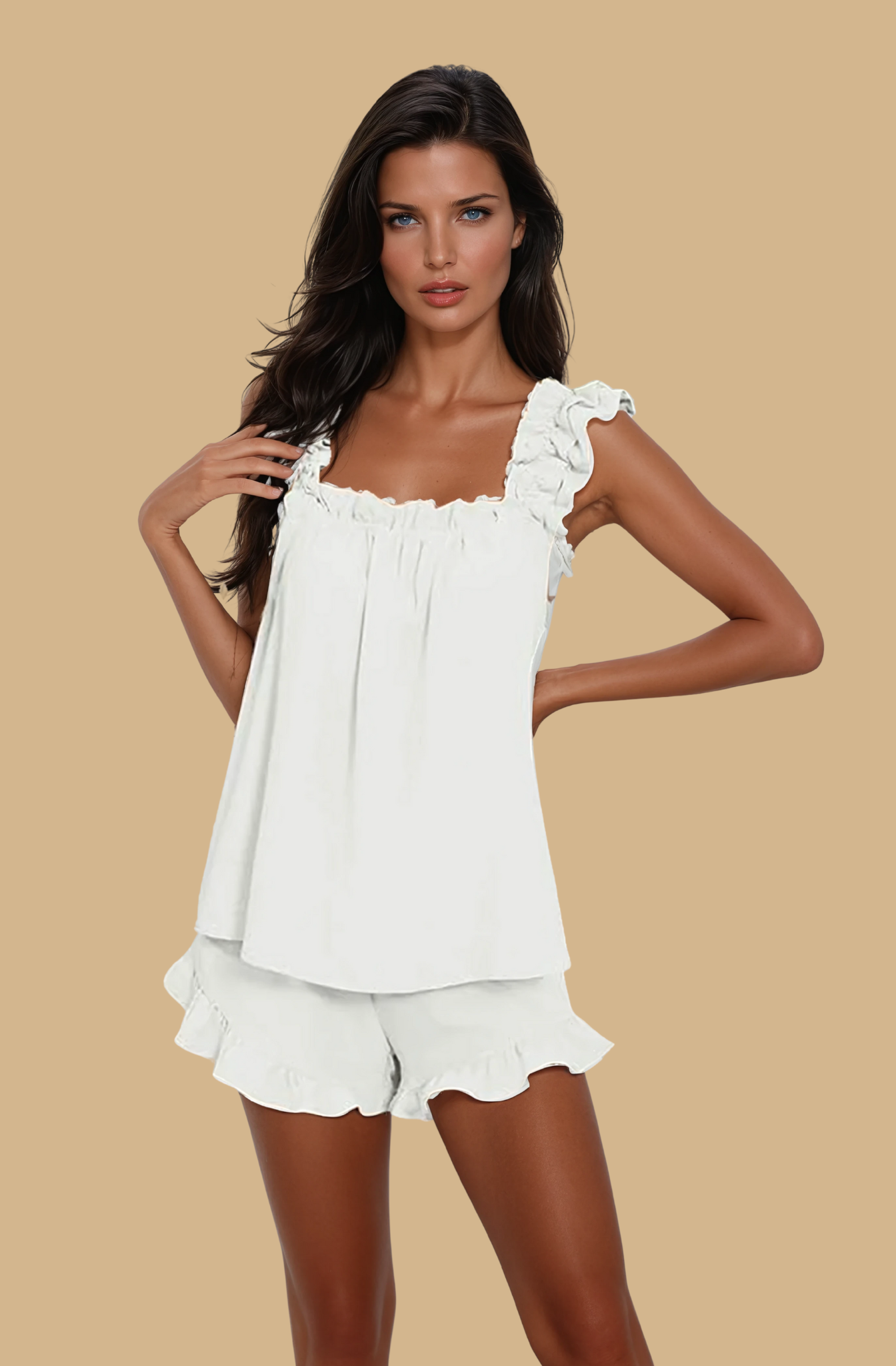 Missklara 2-teiliges weiches Pyjama-Set mit Rüschen-Tanktop und Shorts