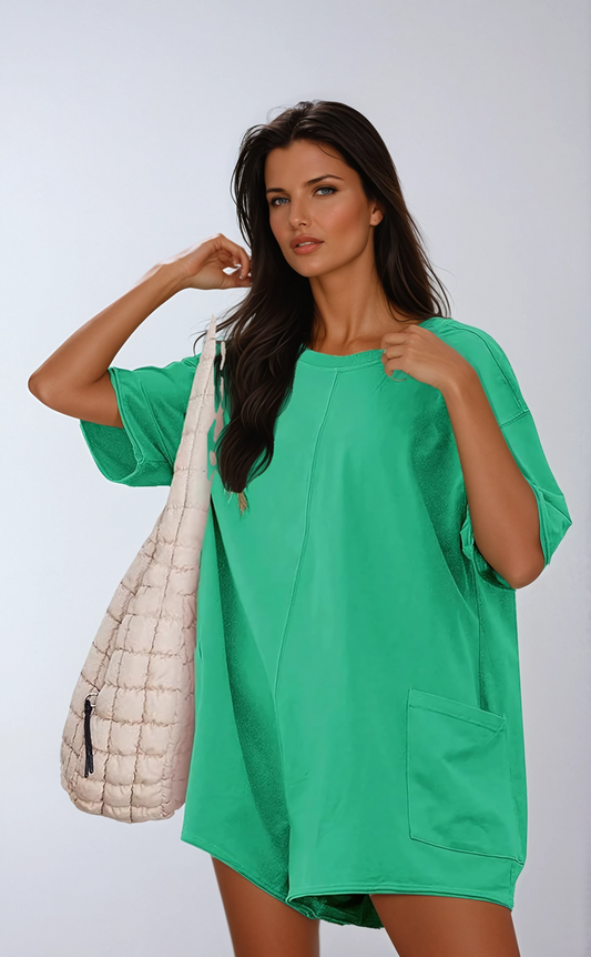 Casual One-Piece V-Back Romper with Pockets
